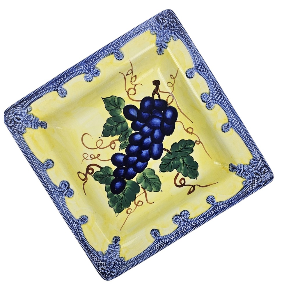 Square Ceramic Grape Serving Platter Blue Yellow Hand Painted Relief 11in
